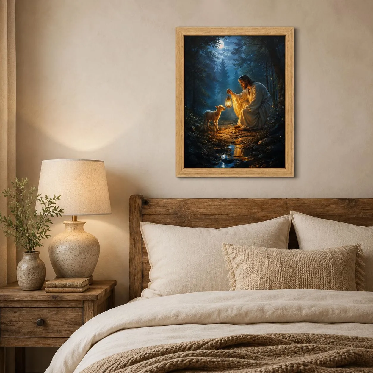 Jesus Lamb Canvas Wall Art Framed Christian Lantern Forest Decor 8x10 Inch