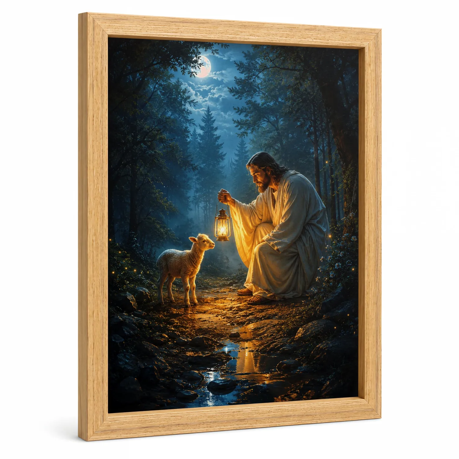Jesus Lamb Canvas Wall Art Framed Christian Lantern Forest Decor 8x10 Inch