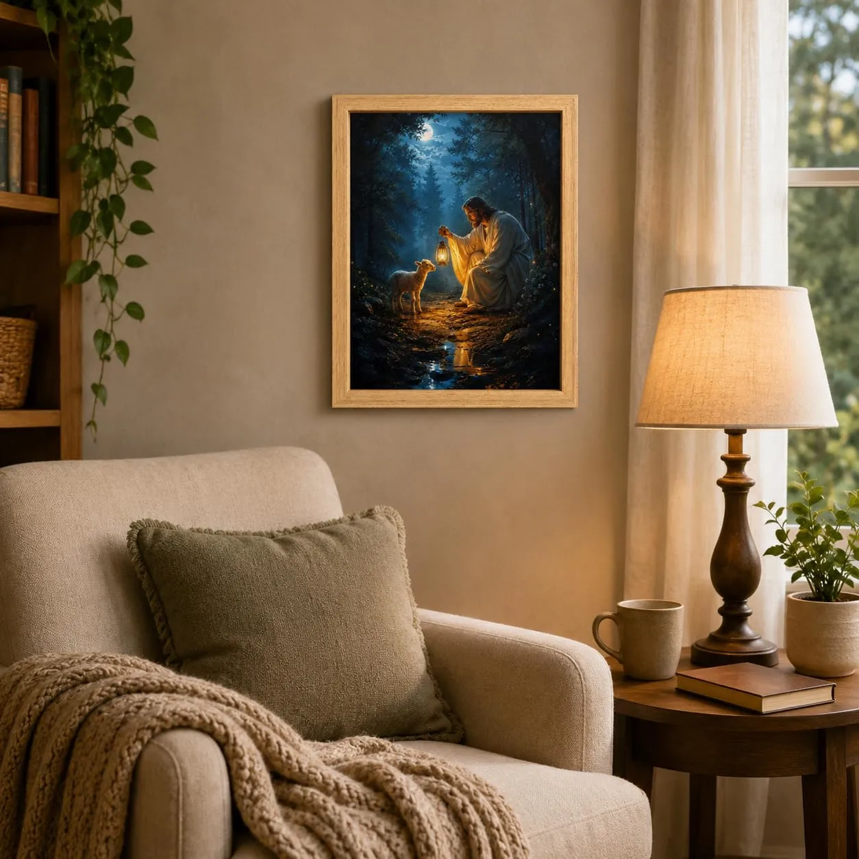 Good Shepherd Canvas Wall Art Framed Jesus Lantern Forest Decor 12x16 Inch