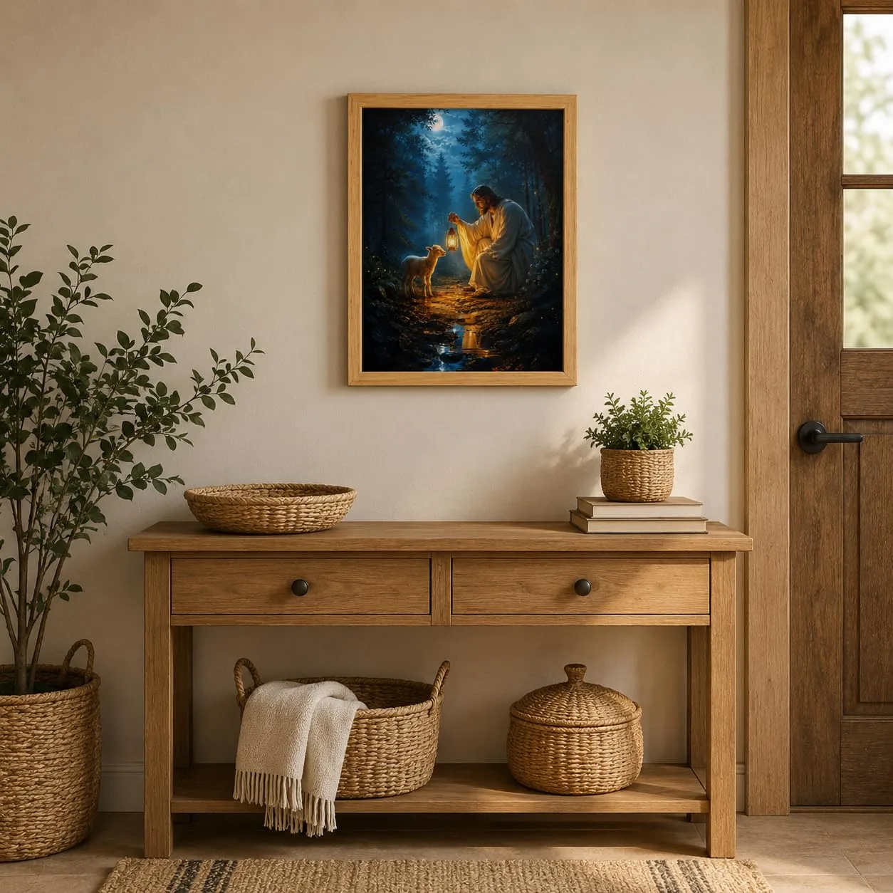 Good Shepherd Canvas Wall Art Framed Jesus Lantern Forest Decor 12x16 Inch
