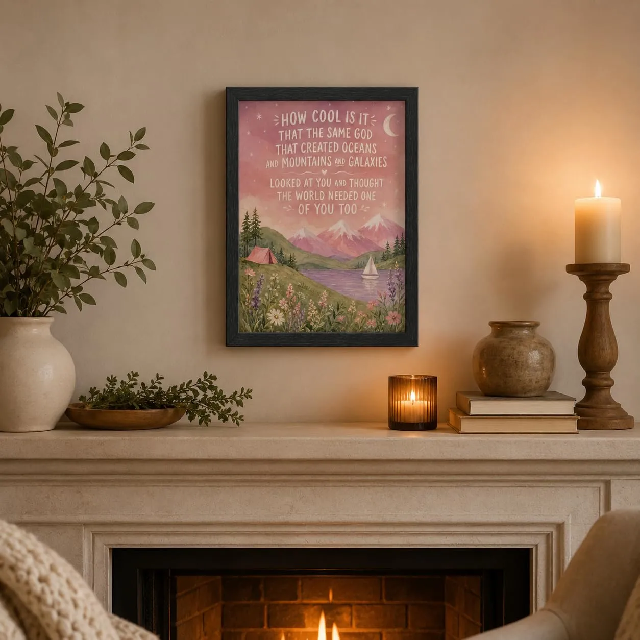 Framed Inspirational Christian Canvas Wall Art Pink Mountains 12x16 Inches
