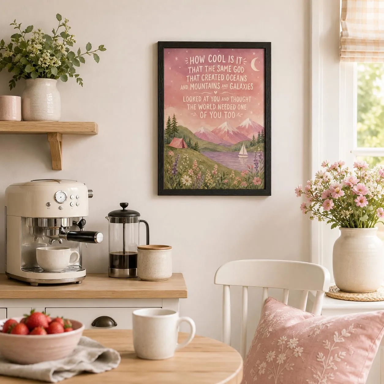 Framed Inspirational Christian Canvas Wall Art Pink Mountains 12x16 Inches