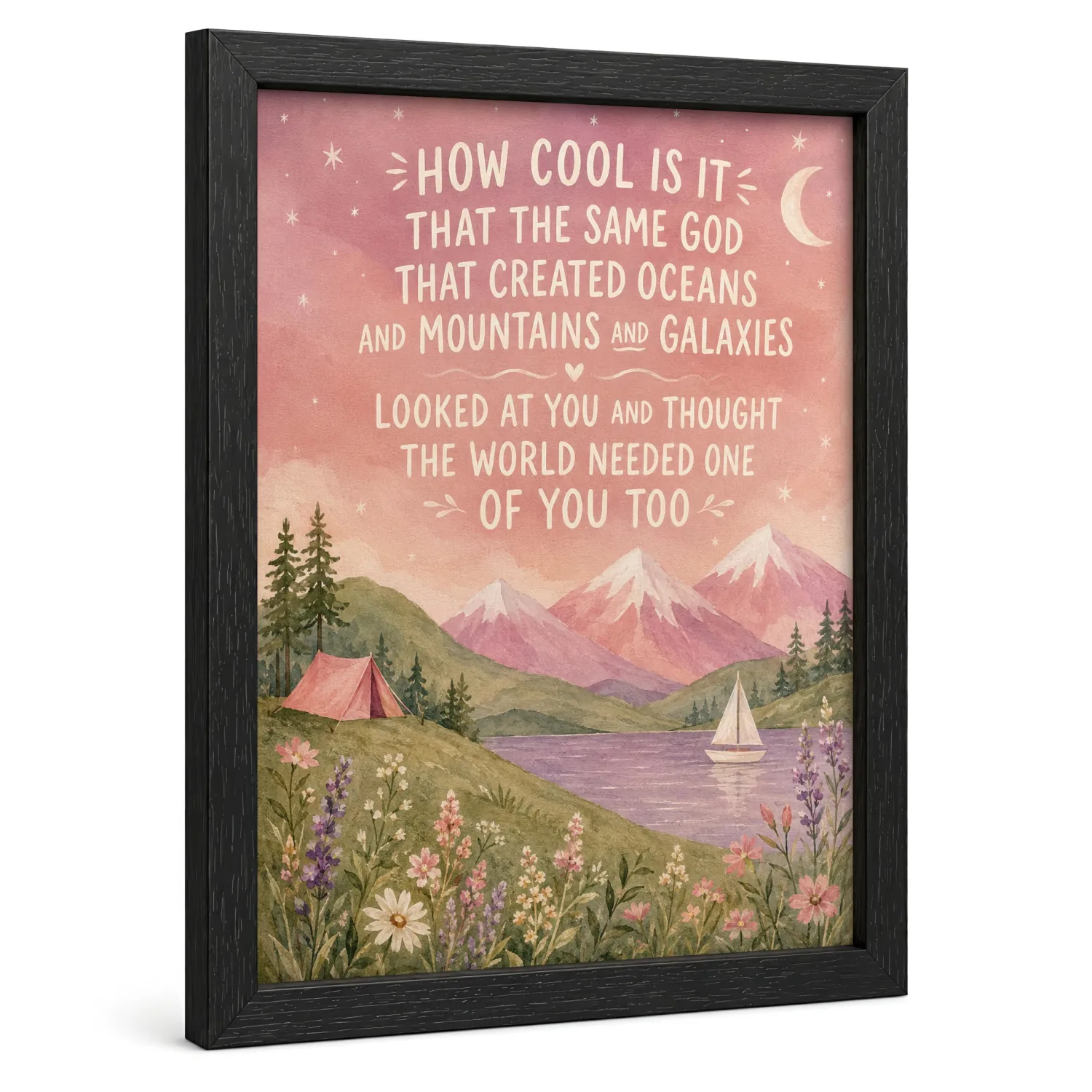 Framed Inspirational Christian Canvas Wall Art Pink Mountains 12x16 Inches