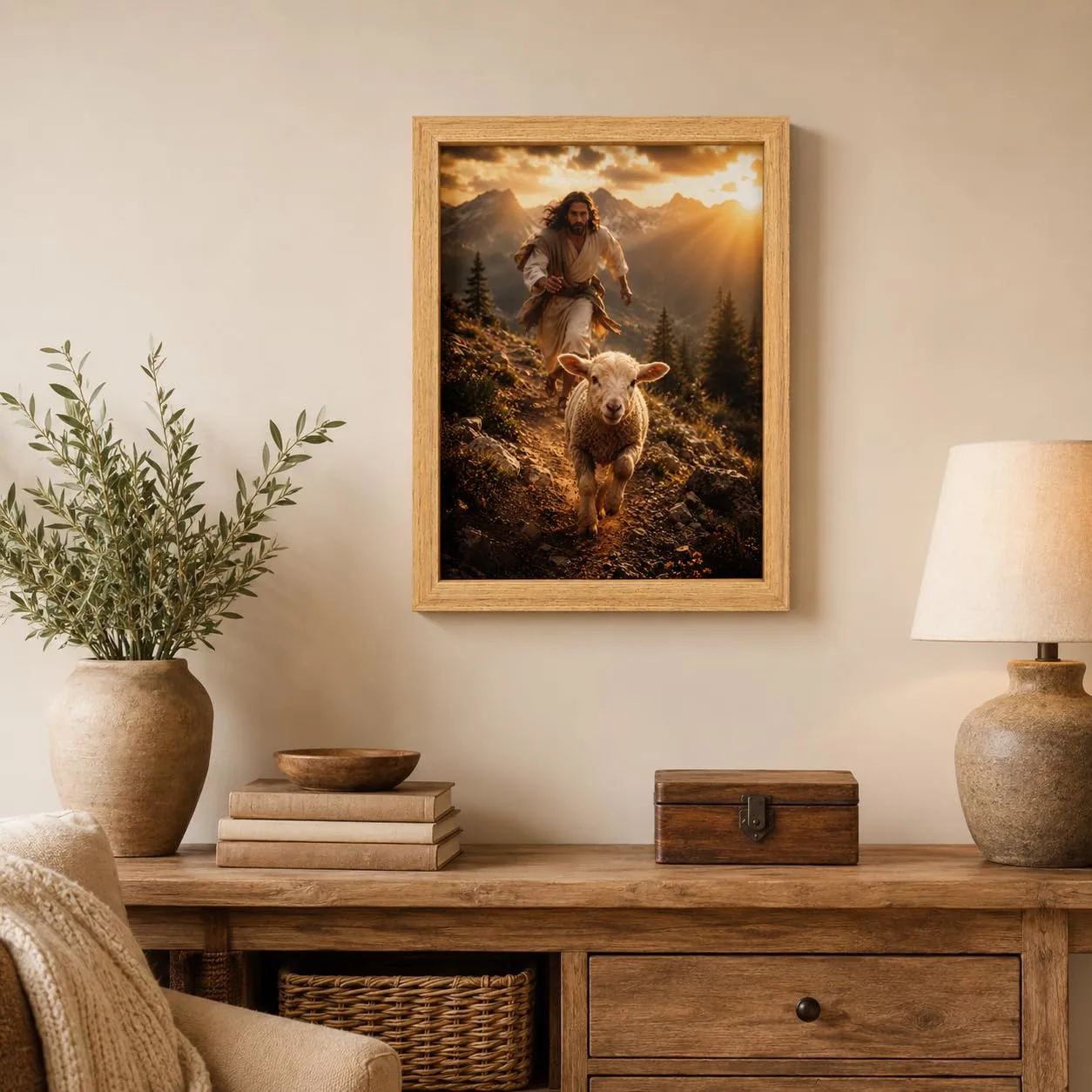 Jesus with Lamb Canvas Wall Art Framed Christian Mountain Decor 8x10 Inch