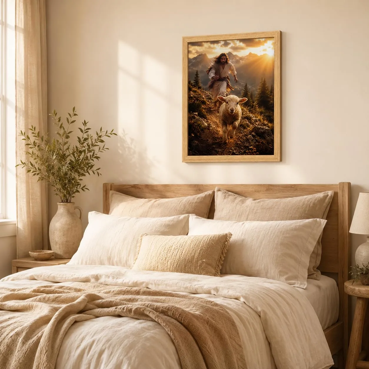 Jesus with Lamb Canvas Wall Art Framed Christian Mountain Decor 8x10 Inch
