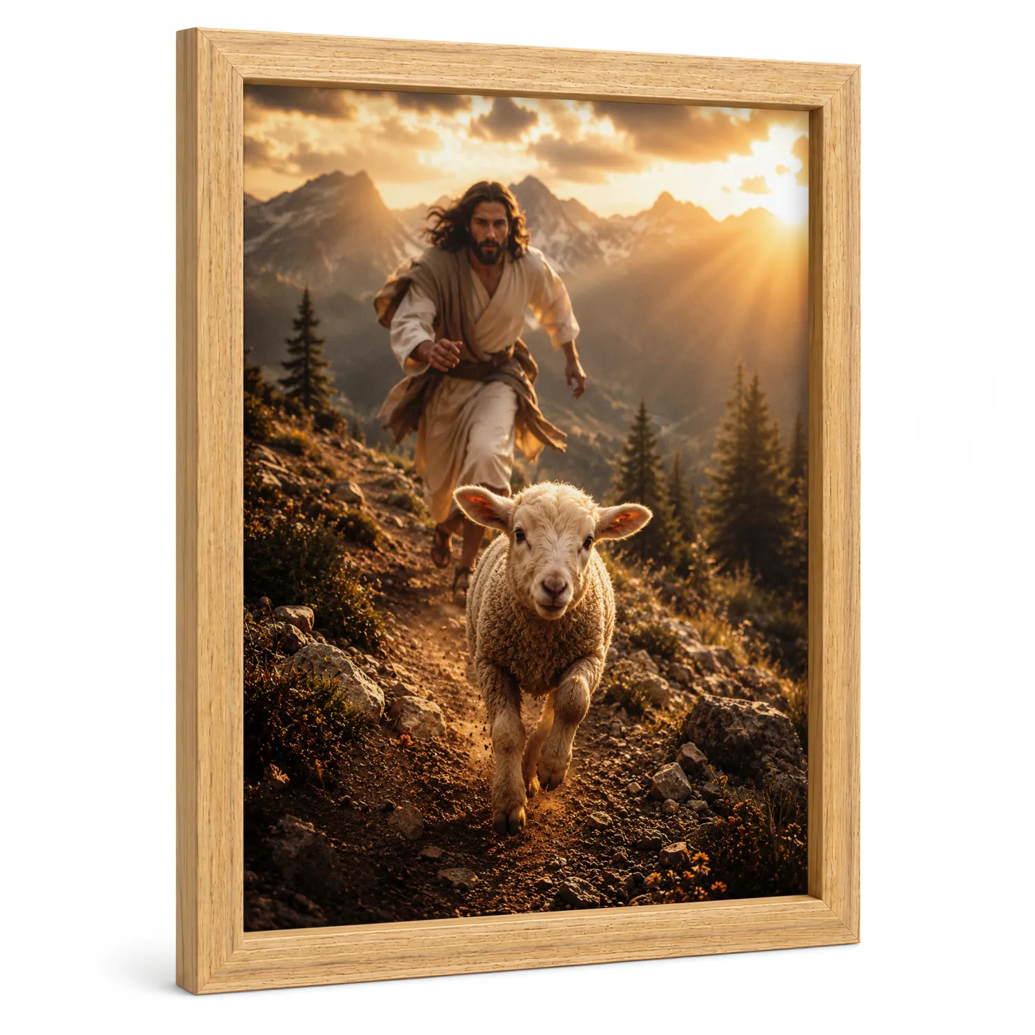 Jesus with Lamb Canvas Wall Art Framed Christian Mountain Decor 8x10 Inch