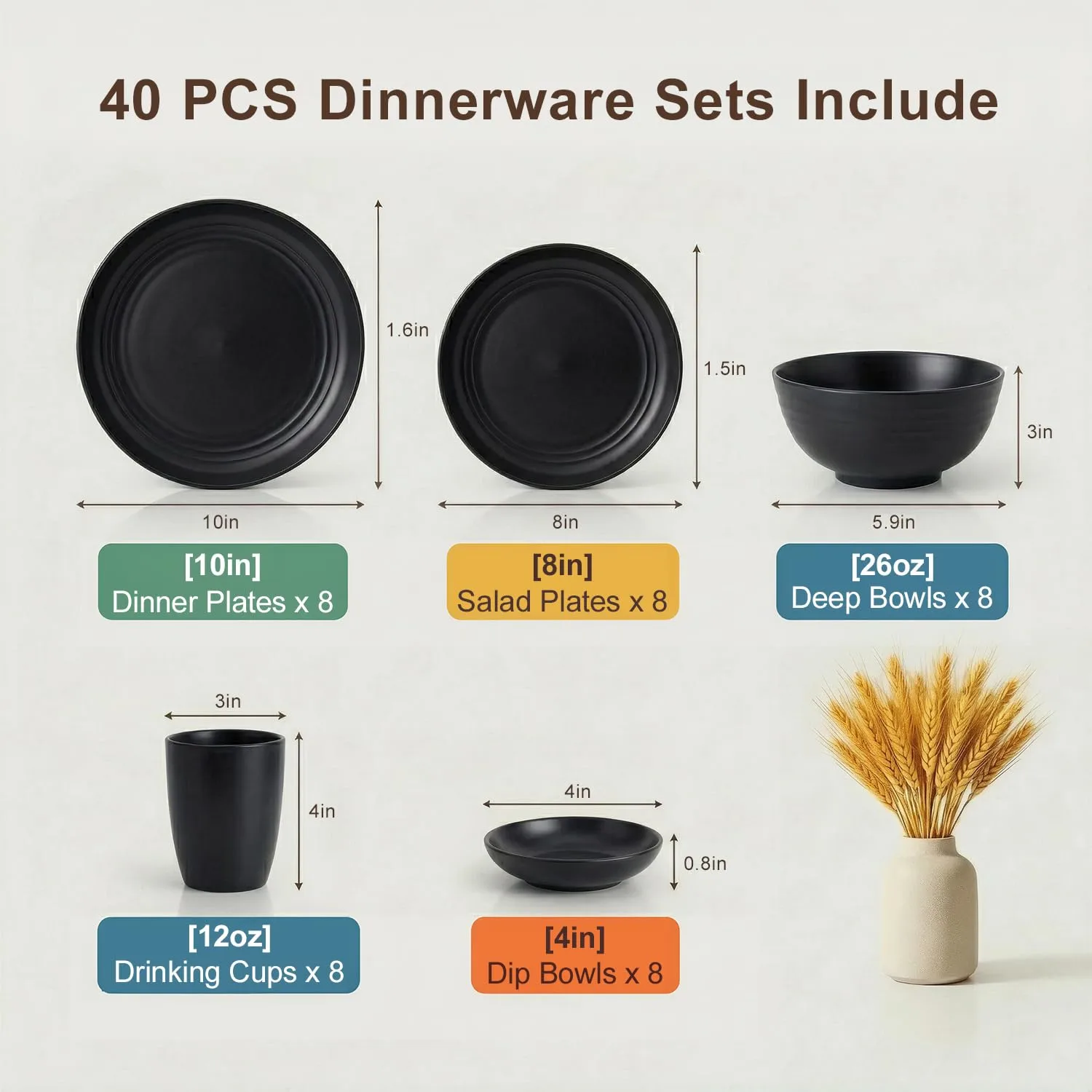 Plates and Bowls Sets for 8, Wheat Straw Dinnerware Sets 40 Piece, Unbreakable & Lightweight Dishes Set for 8, Microwave Safe Kitchen Dishes, Kitchen Essentials for New Apartment - Black