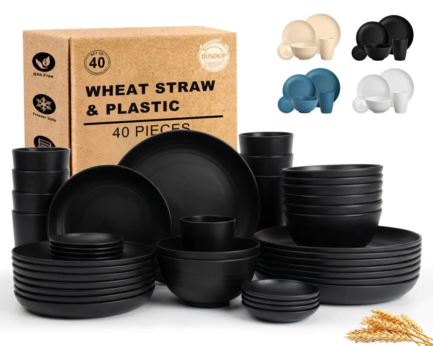 Plates and Bowls Sets for 8, Wheat Straw Dinnerware Sets 40 Piece, Unbreakable & Lightweight Dishes Set for 8, Microwave Safe Kitchen Dishes, Kitchen Essentials for New Apartment - Black