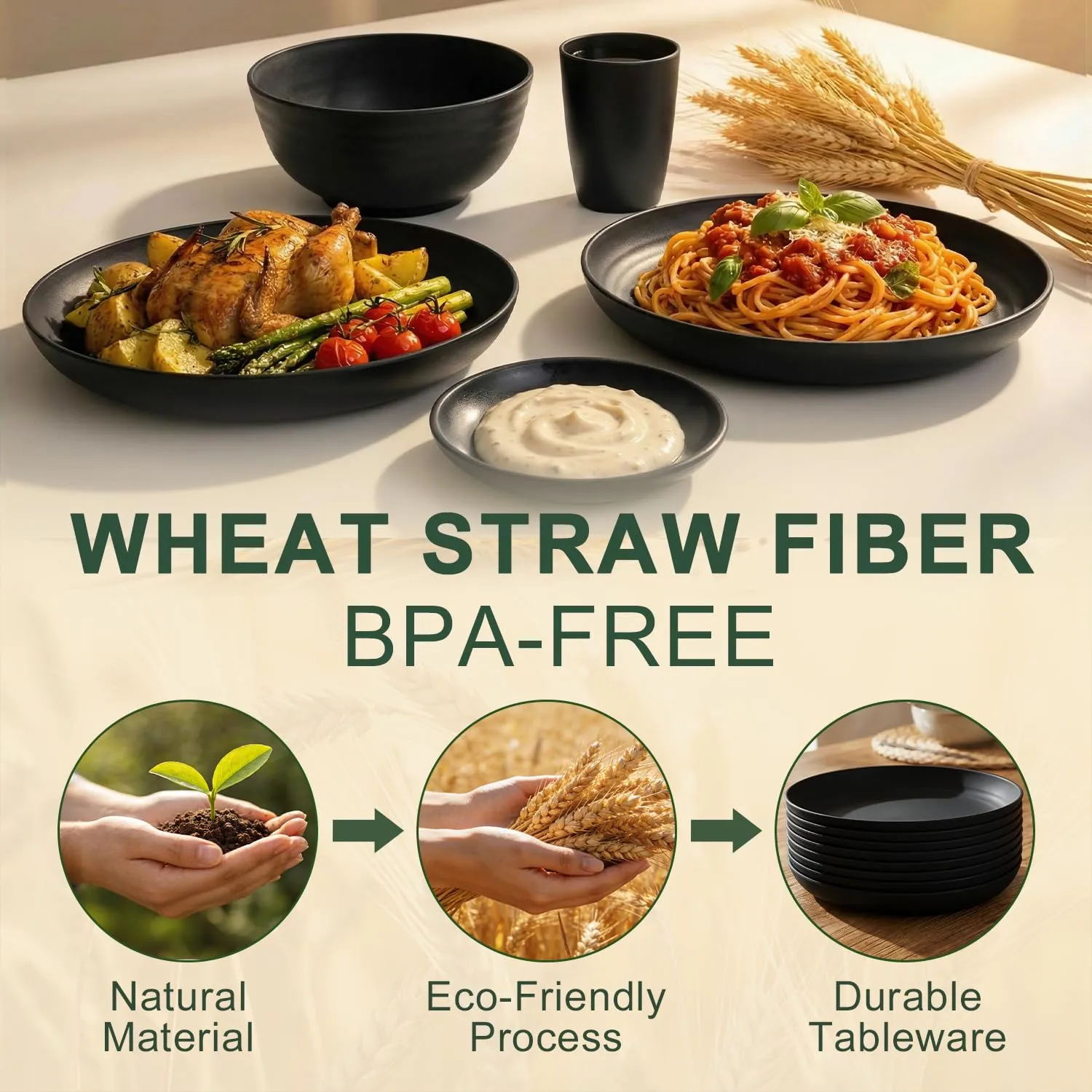 Plates and Bowls Sets for 8, Wheat Straw Dinnerware Sets 40 Piece, Unbreakable & Lightweight Dishes Set for 8, Microwave Safe Kitchen Dishes, Kitchen Essentials for New Apartment - Black