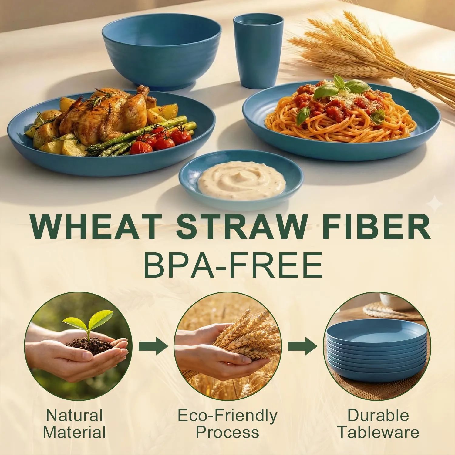 Wheat Straw Dinnerware Sets for 8, Unbreakable Bowl and Plate Set 40 Piece, Reusable Plastic Dish Sets for 8, Microwave and Dishwahser Safe Dining Set, Apartment and Kitchen Essentials - Blue