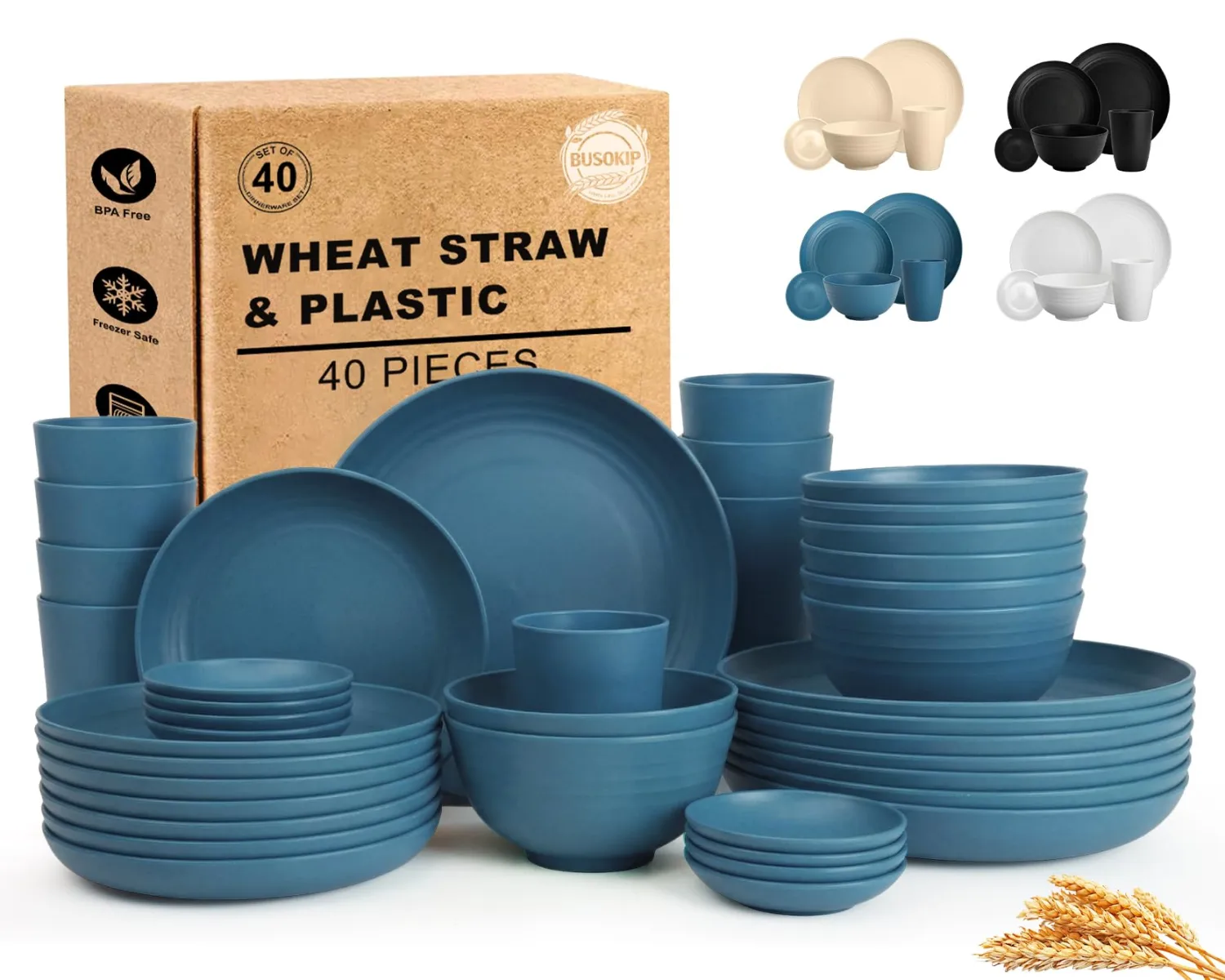 Wheat Straw Dinnerware Sets for 8, Unbreakable Bowl and Plate Set 40 Piece, Reusable Plastic Dish Sets for 8, Microwave and Dishwahser Safe Dining Set, Apartment and Kitchen Essentials - Blue
