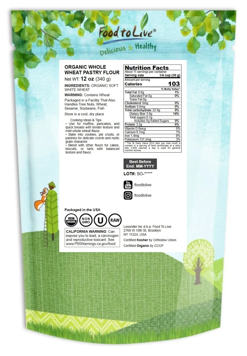 Food to Live Organic Whole Wheat Pastry Flour, 12 Ounces - Non-GMO, Finely Ground, Unbleached, Unbromated, Vegan, Kosher, All Natural, No Preservatives, Bulk, Product of the USA