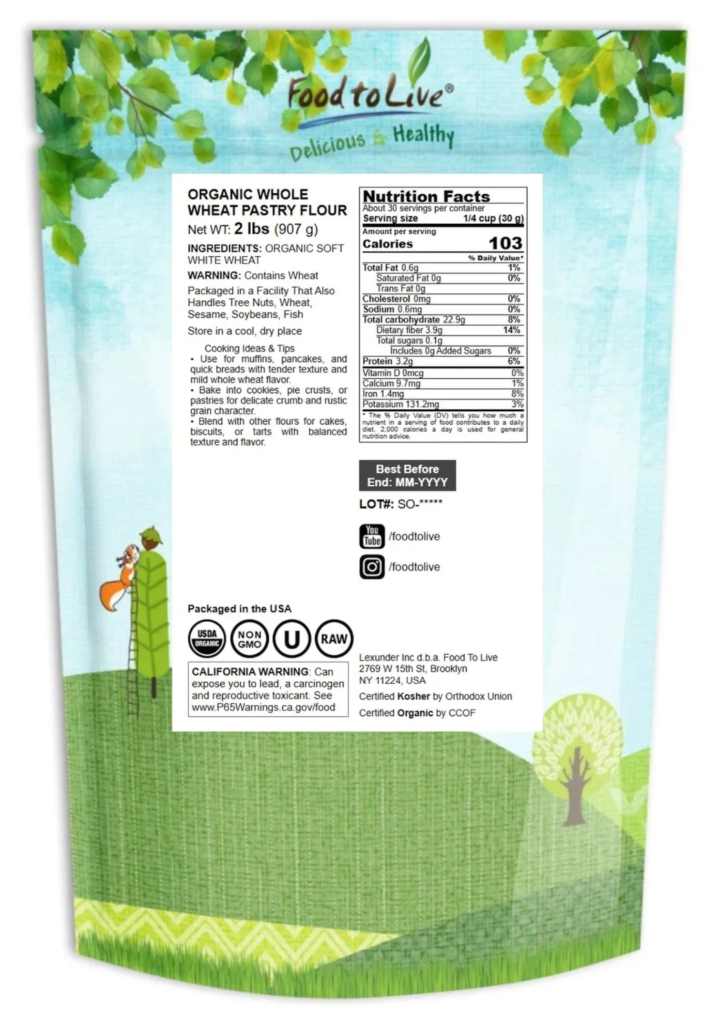 Food to Live Organic Whole Wheat Pastry Flour, 2 Pounds - Non-GMO, Finely Ground, Unbleached, Unbromated, Vegan, Kosher, All Natural, No Preservatives, Bulk, Product of the USA