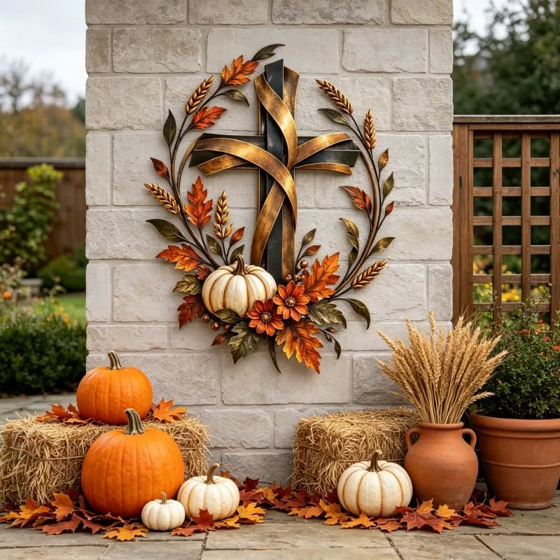 Autumn Cross & Pumpkin Harvest Metal Wall Decor, Rustic Porch Harvest Sign with Golden Wheat And Fall Leaves, Vintage Harvest Farmhouse Wall Plaque for Entryways,Garden Walls,Living Rooms