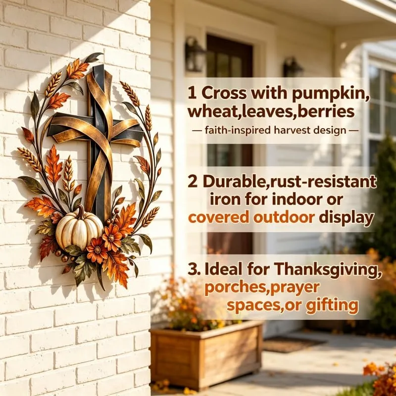 Autumn Cross & Pumpkin Harvest Metal Wall Decor, Rustic Porch Harvest Sign with Golden Wheat And Fall Leaves, Vintage Harvest Farmhouse Wall Plaque for Entryways,Garden Walls,Living Rooms