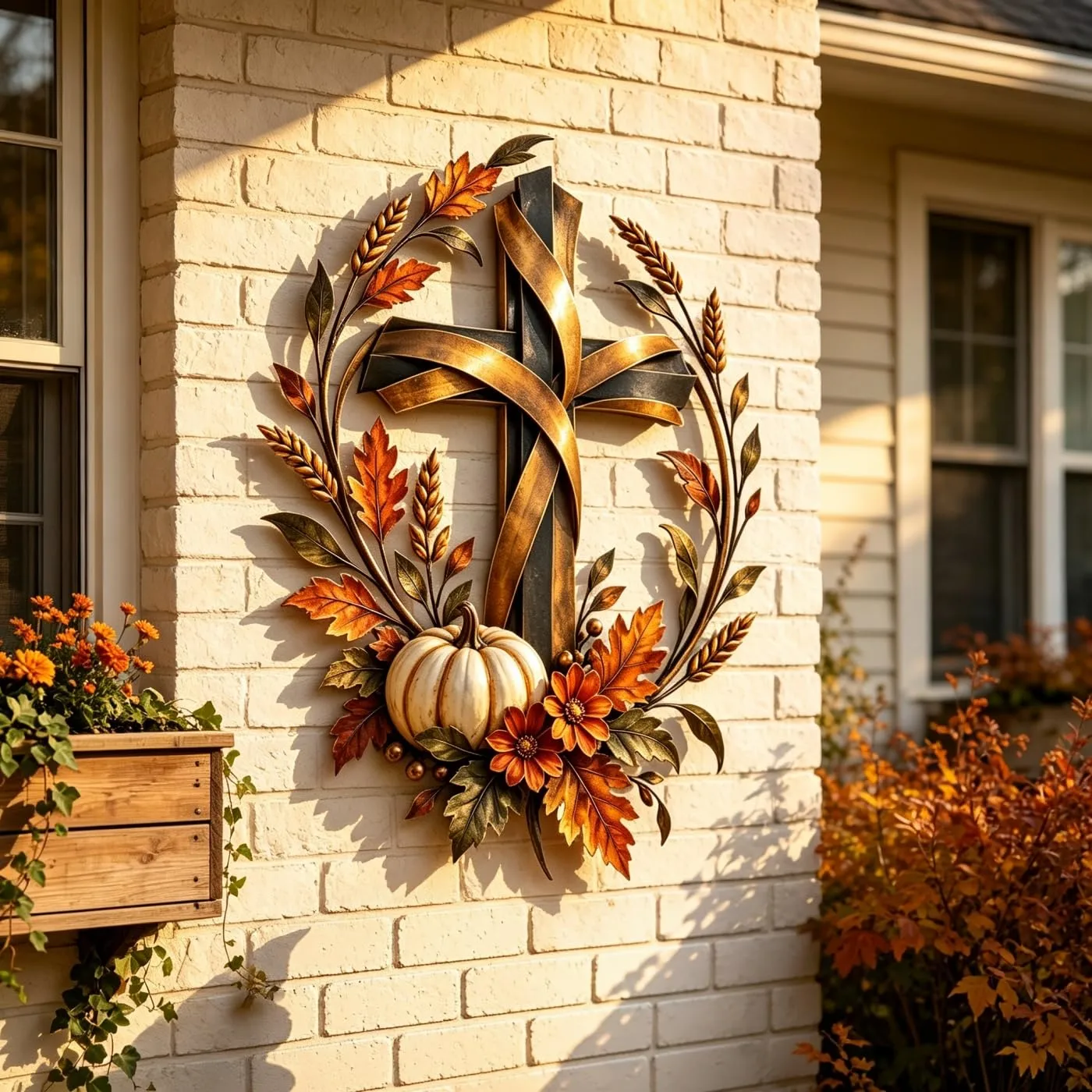 Autumn Cross & Pumpkin Harvest Metal Wall Decor, Rustic Porch Harvest Sign with Golden Wheat And Fall Leaves, Vintage Harvest Farmhouse Wall Plaque for Entryways,Garden Walls,Living Rooms
