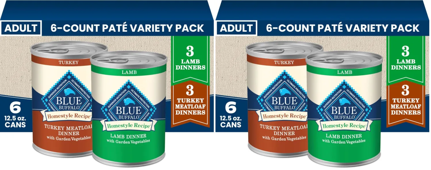 Blue Buffalo Homestyle Recipe Adult Wet Dog Food,Made with Natural Ingredients,Turkey and Lamb Dinner Variety Pack,12.5-oz Cans (,3 of Each),(Pack of 12)