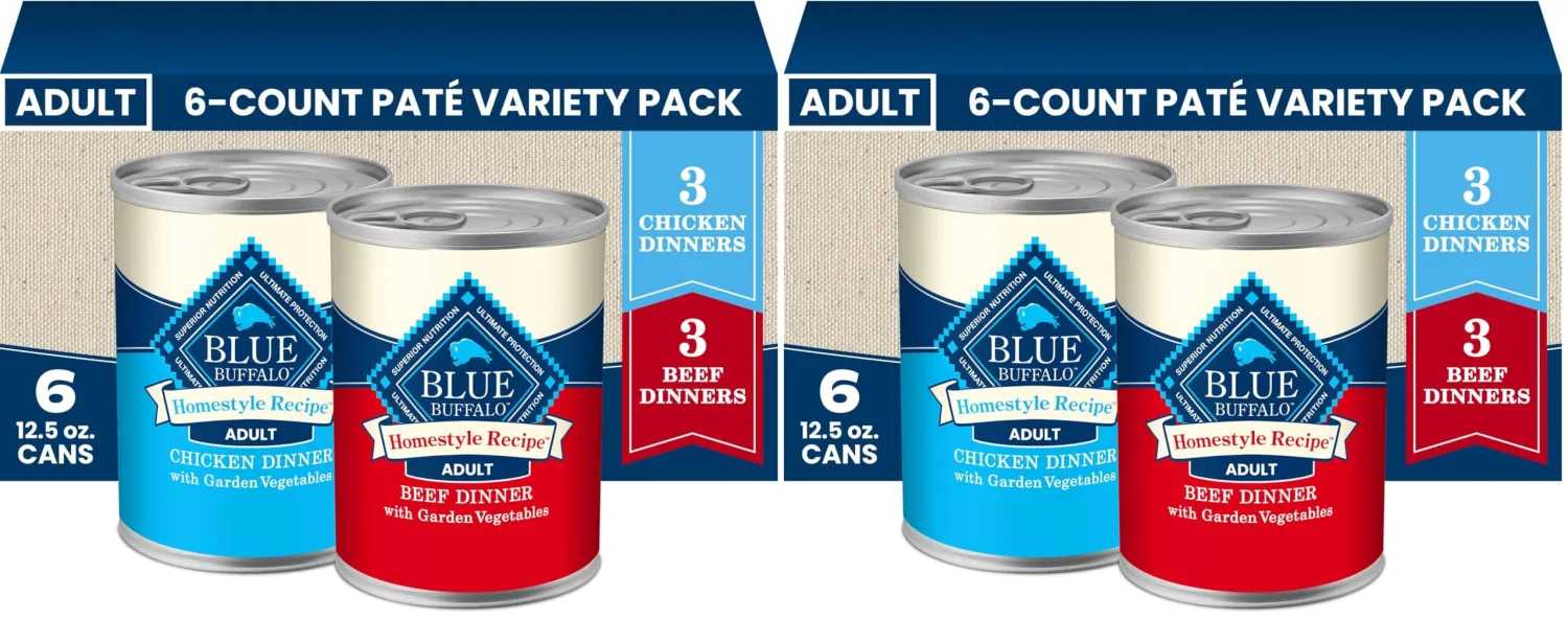 Blue Buffalo Homestyle Recipe Adult Wet Dog Food,Made with Natural Ingredients,Chicken and Beef Dinner Variety Pack,12.5-oz Cans,(Pack of 12)