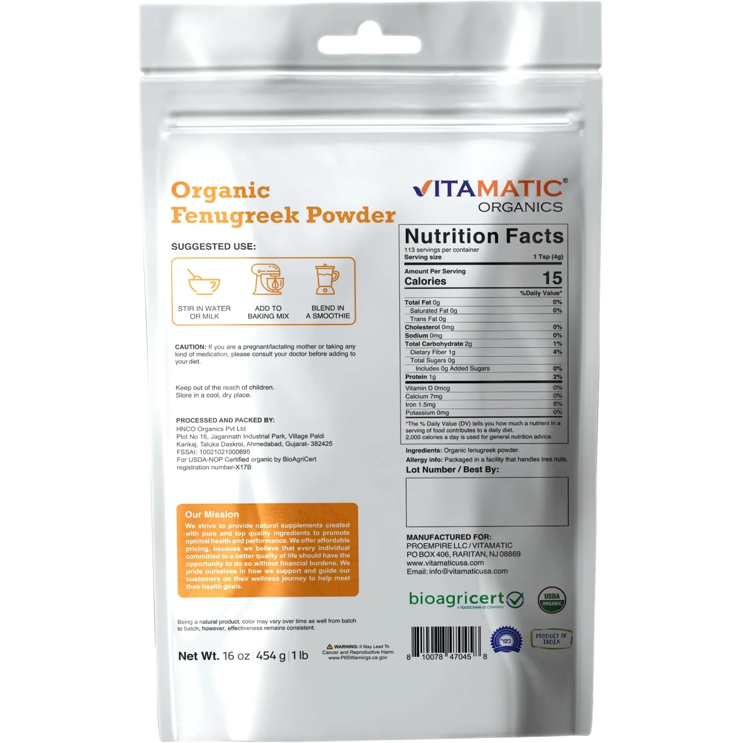 Vitamatic Certified USDA Organic Fenugreek 1 Pound (16 Ounce) (Seeds)