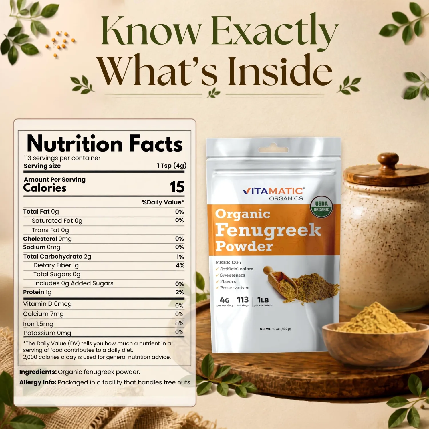Vitamatic Certified USDA Organic Fenugreek 1 Pound (16 Ounce) (Powders)