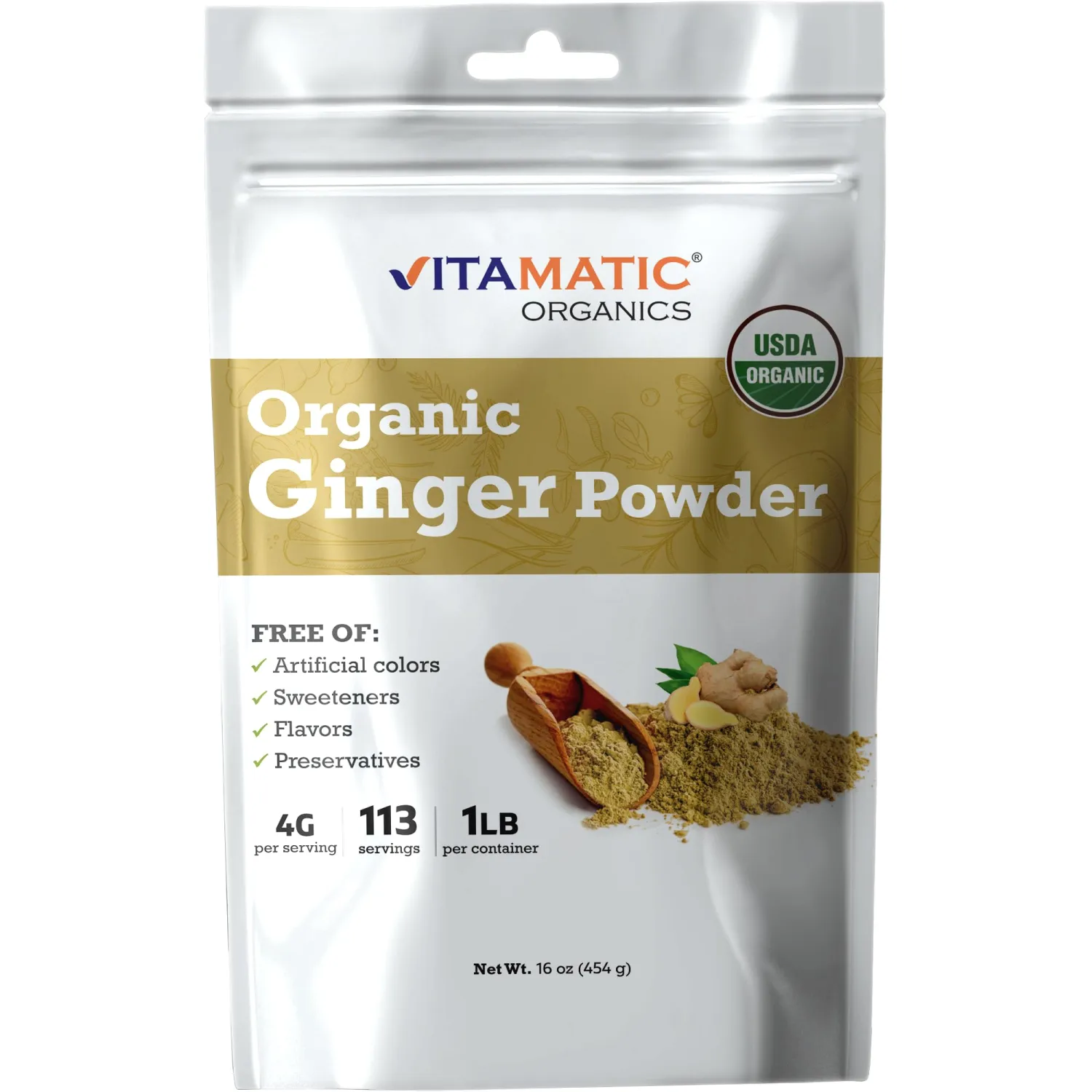 Vitamatic Certified USDA Organic Ginger Powder – 1 lb (16 oz) Pure Zingiber Officinale Root | Supports Digestion, Immunity, & Inflammation Response