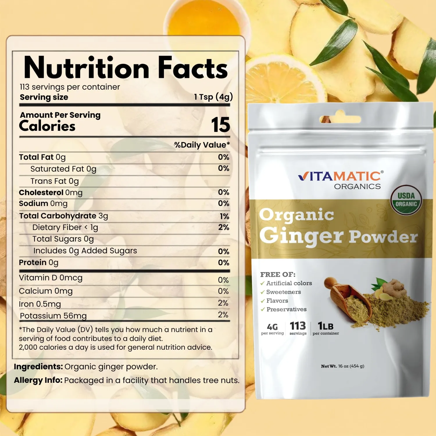Vitamatic Certified USDA Organic Ginger Powder – 1 lb (16 oz) Pure Zingiber Officinale Root | Supports Digestion, Immunity, & Inflammation Response