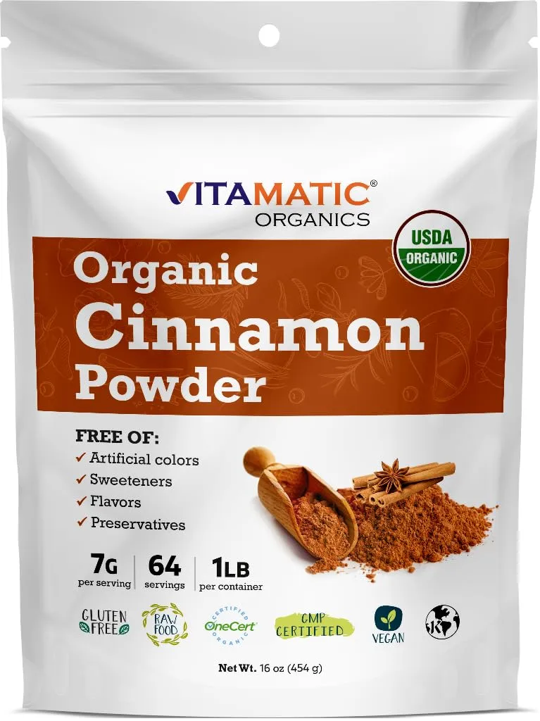 Vitamatic Certified USDA Organic Cinnamon Powder – 1 lb (16 oz) Pure & Aromatic Cinnamon | Organic Superfood Spice | Non-GMO, Gluten-Free, Kosher