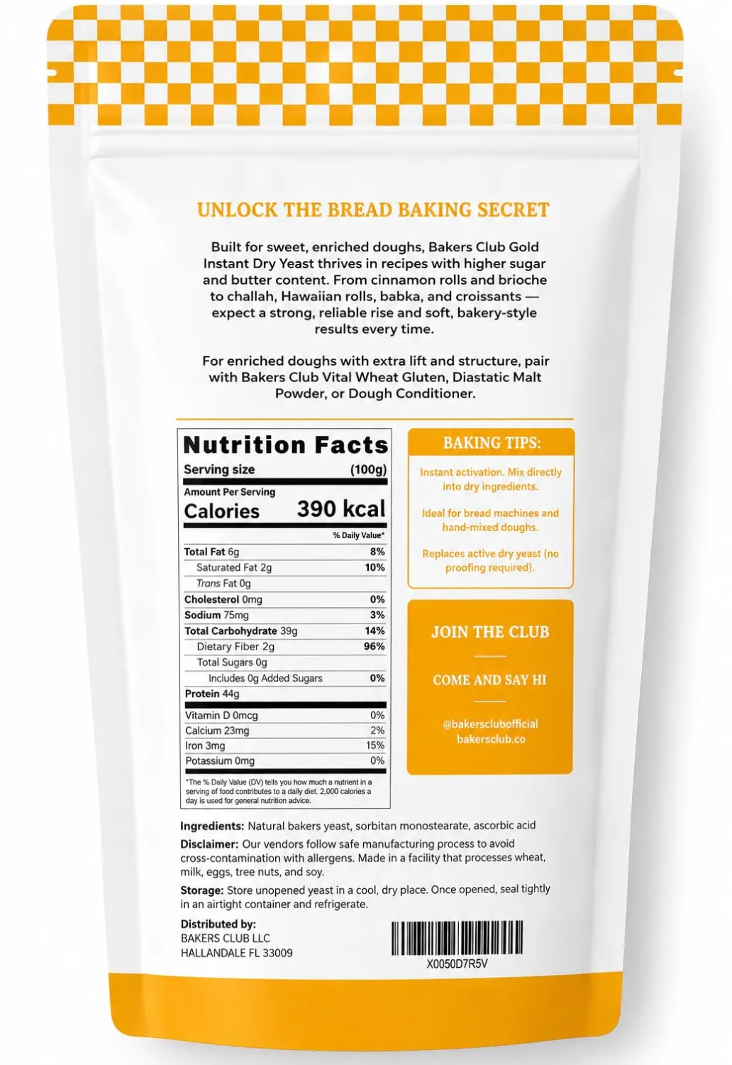Bakers Club Gold Instant Dry Yeast for Sweet Dough, 8 oz Resealable Pouch | Rapid Rise Baking Yeast | Perfect for Brioche, Cinnamon Rolls, Donuts, Sweet Breads & Bread Machines