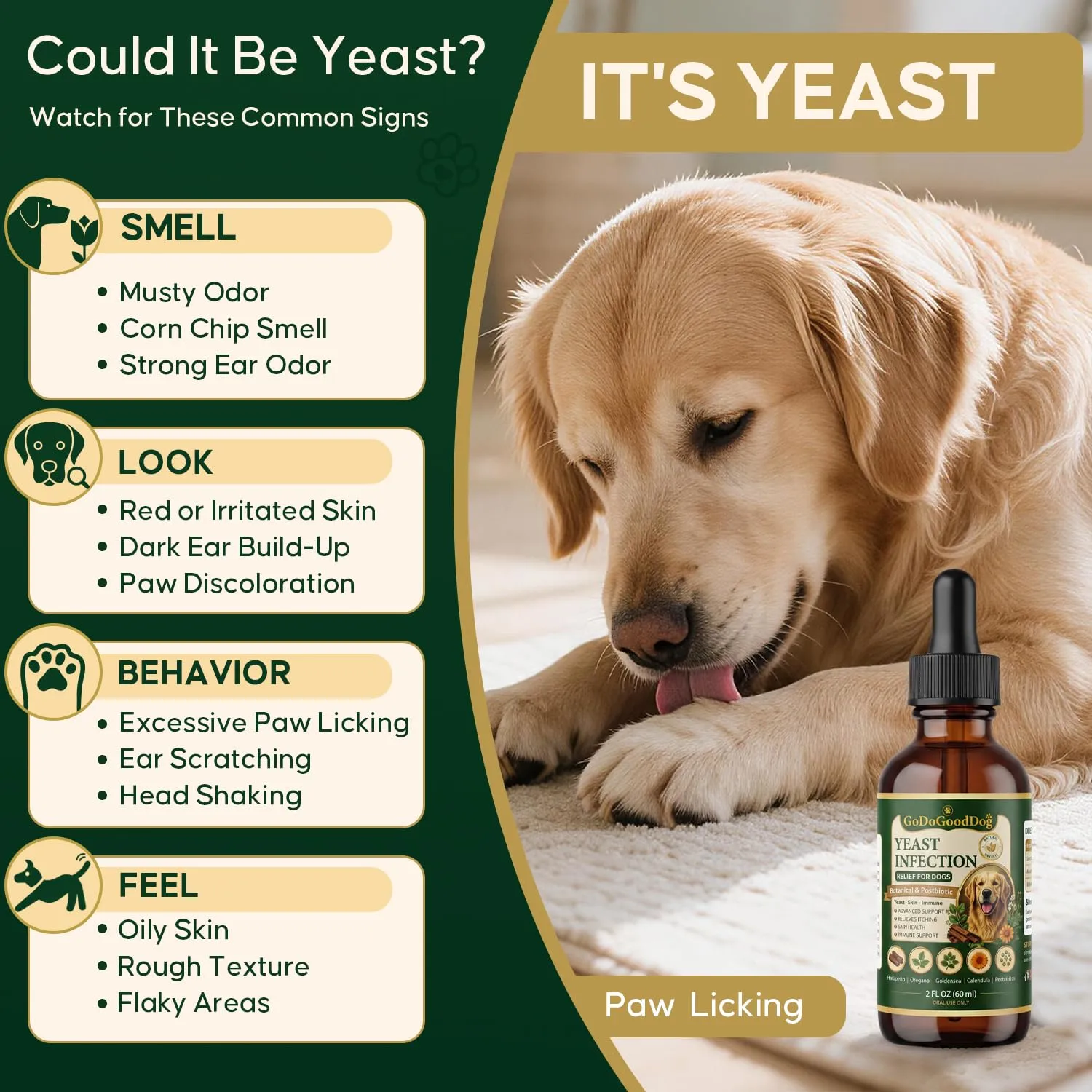 Natural Yeast Support for Dogs, Gut Skin Ear & Paw Balance, Chicken Flavor