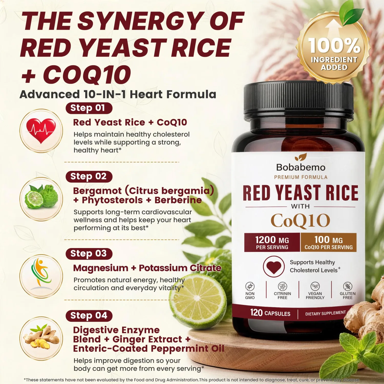 1200mg Red Yeast Rice with CoQ10 100mg Heart Wellness Support Supplement