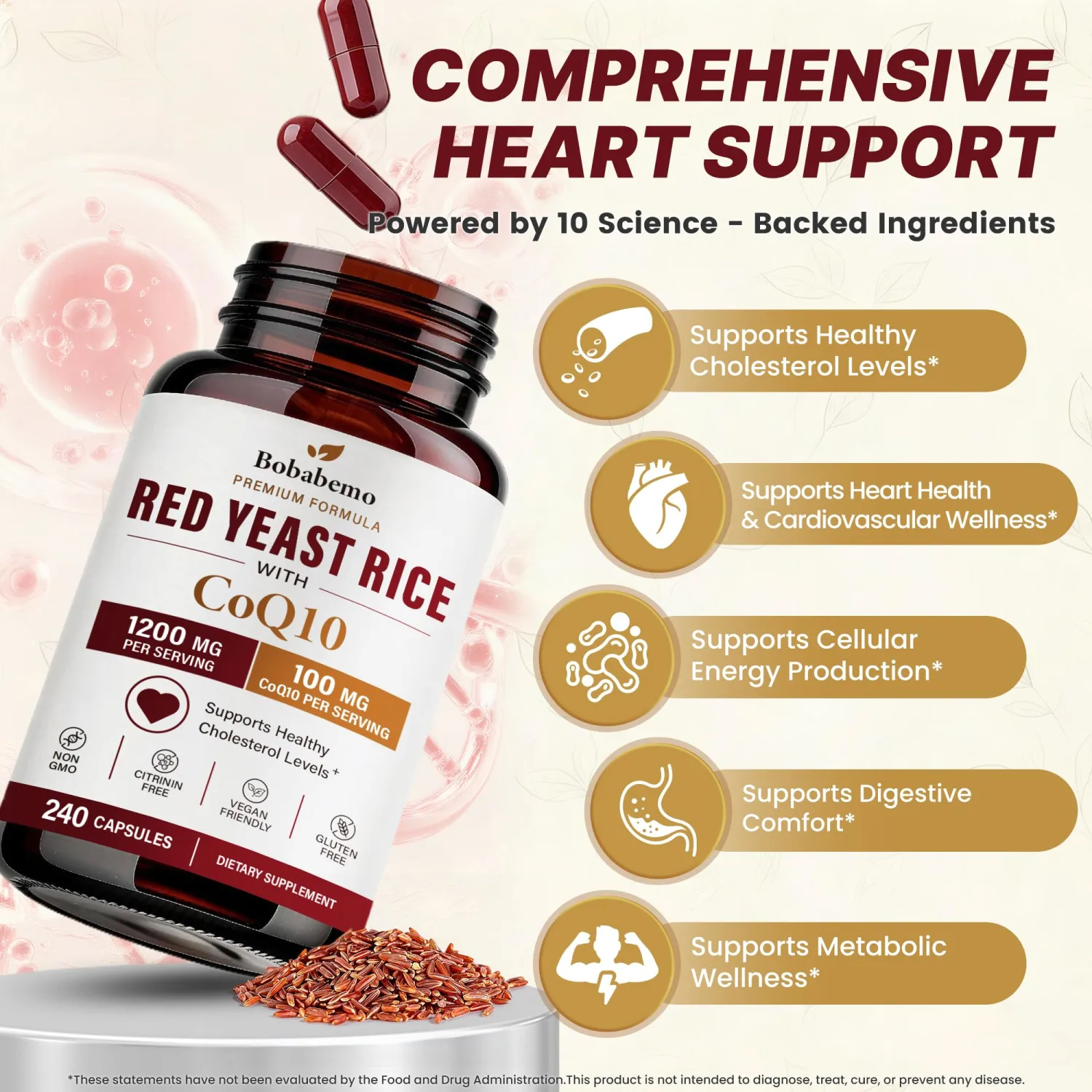 1200mg Red Yeast Rice with CoQ10 100mg Heart Wellness Support Supplement