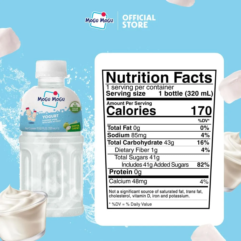 Mogu Mogu Drink Yogurt(6 Bottles) Delicious drinks made with nata de coco (coconut jelly). Fun chewable juice boxes for kids. Famous Asian drinks. Juice bottles made for adults and kids. Ready to drink