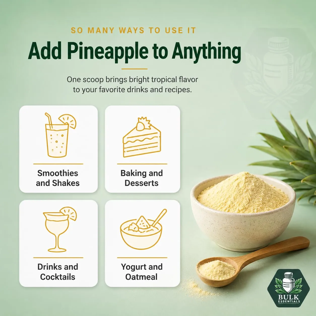 Bulk Essentials Pineapple Powder with Maltodextrin, for Smoothies, 100g