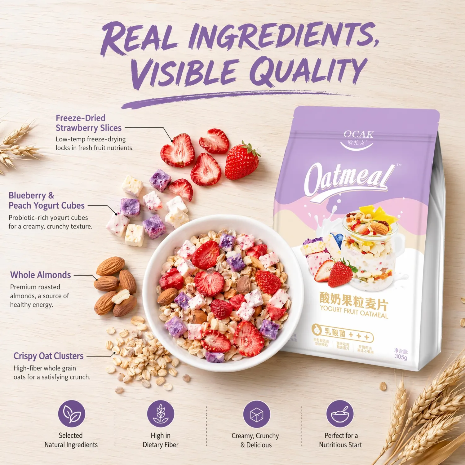 Yogurt Fruit Oatmeal, Baked Cereal, Low Sugar Nutritional Breakfast, 305g (10.76 oz)