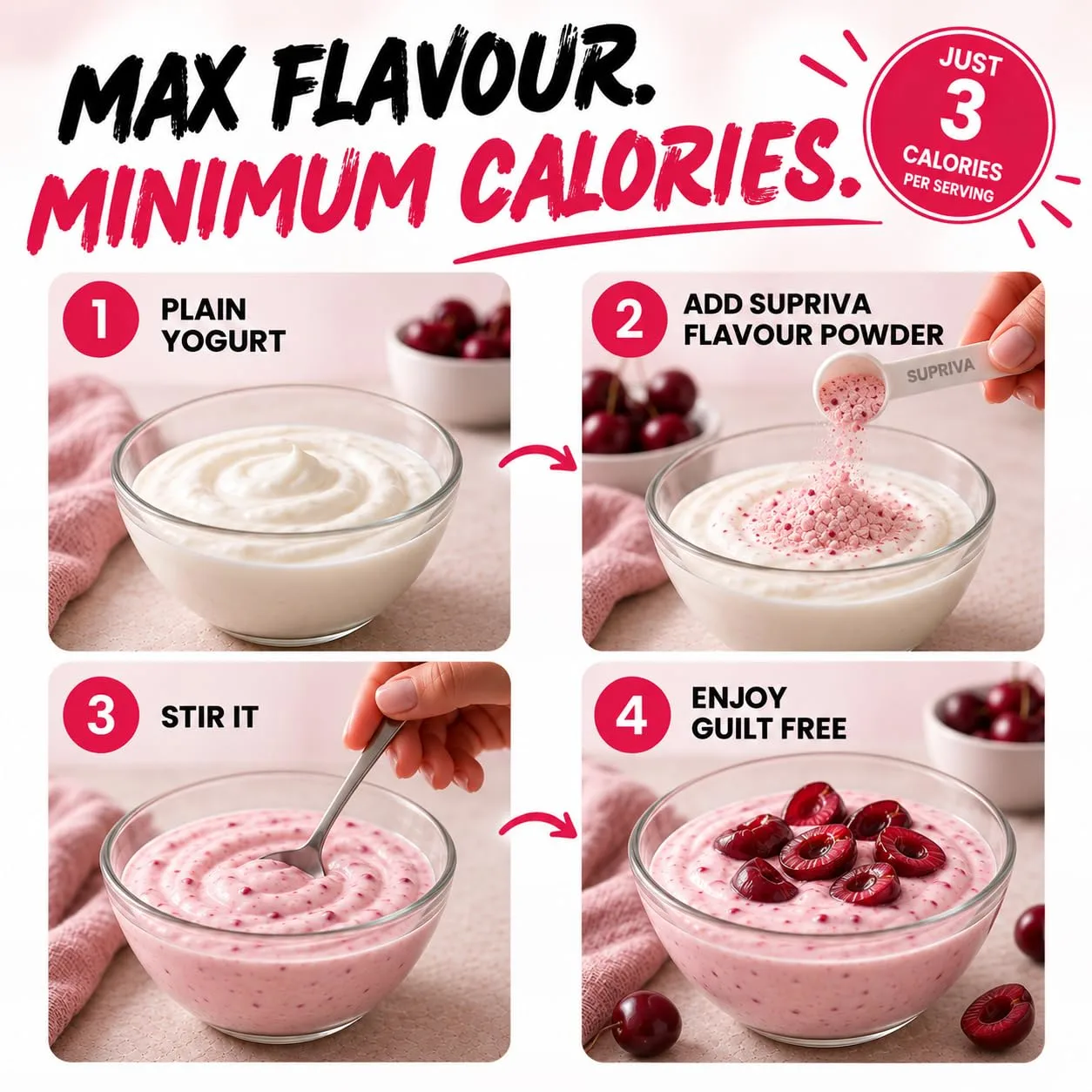 SUPRIVA Cherry Yogurt Flavor Powder for Yogurt, Low Calorie, 66 Servings