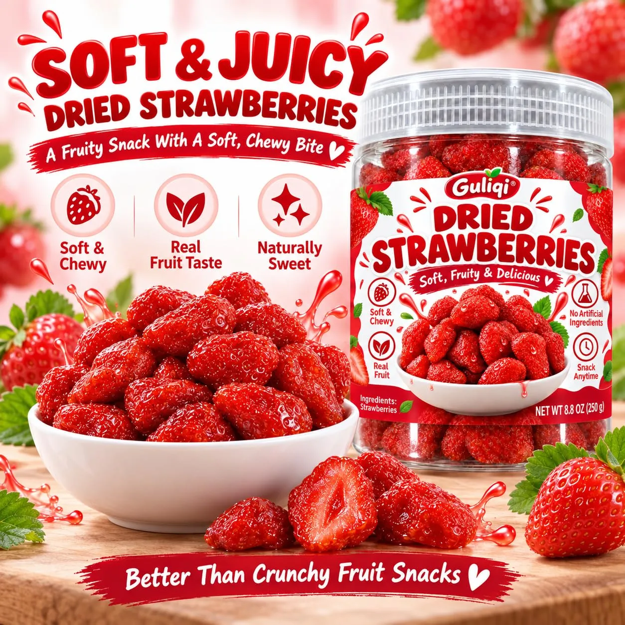 Premium Dried Strawberries, Whole Organic Fresh Strawberries, Ready to Eat Dried Fruit, Soft & Chewy Dehydrated Strawberry Fruit Snack for Yogurt, Oatmeal, Cereal, Trail Mix (100g)