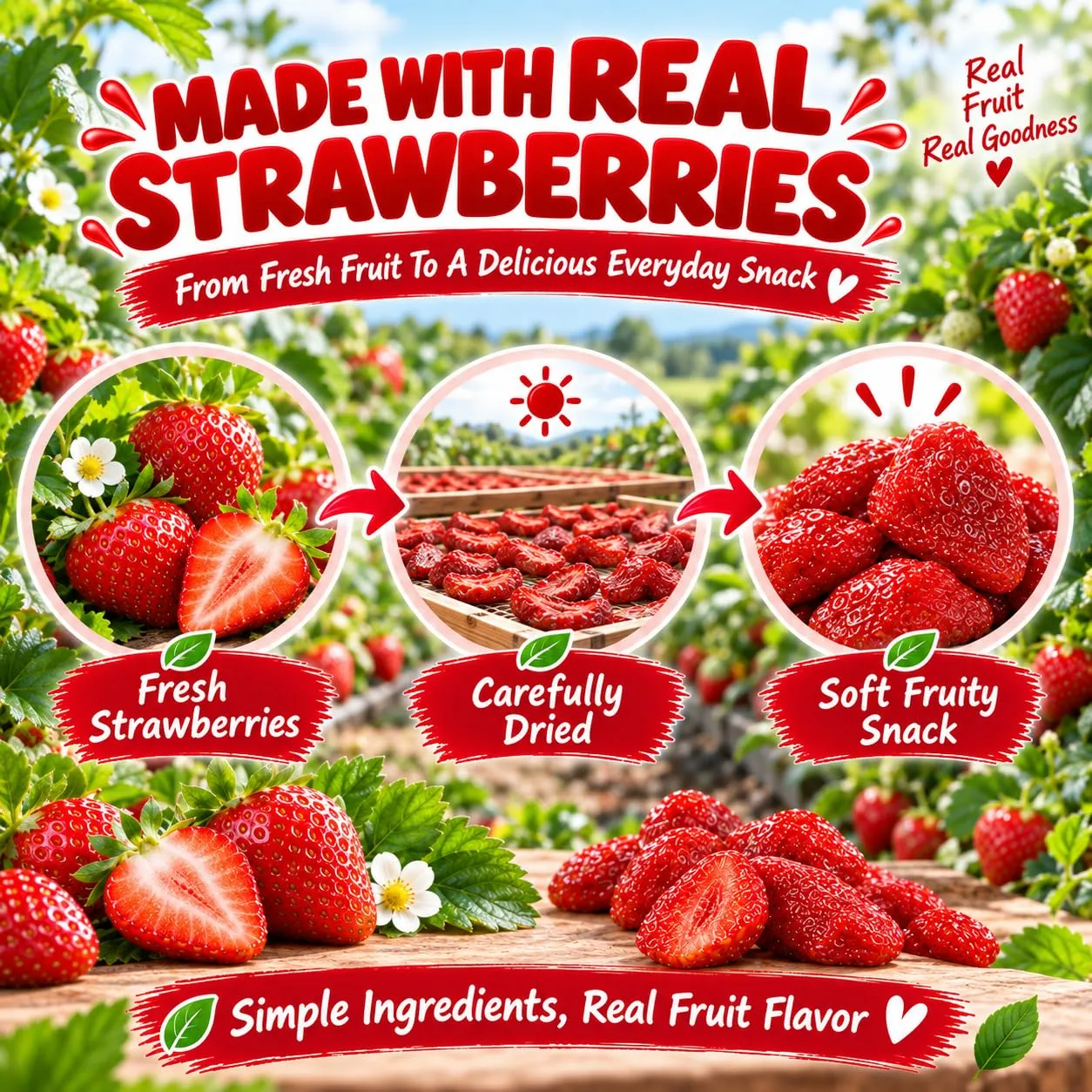 Premium Dried Strawberries, Whole Organic Fresh Strawberries, Ready to Eat Dried Fruit, Soft & Chewy Dehydrated Strawberry Fruit Snack for Yogurt, Oatmeal, Cereal, Trail Mix (100g)