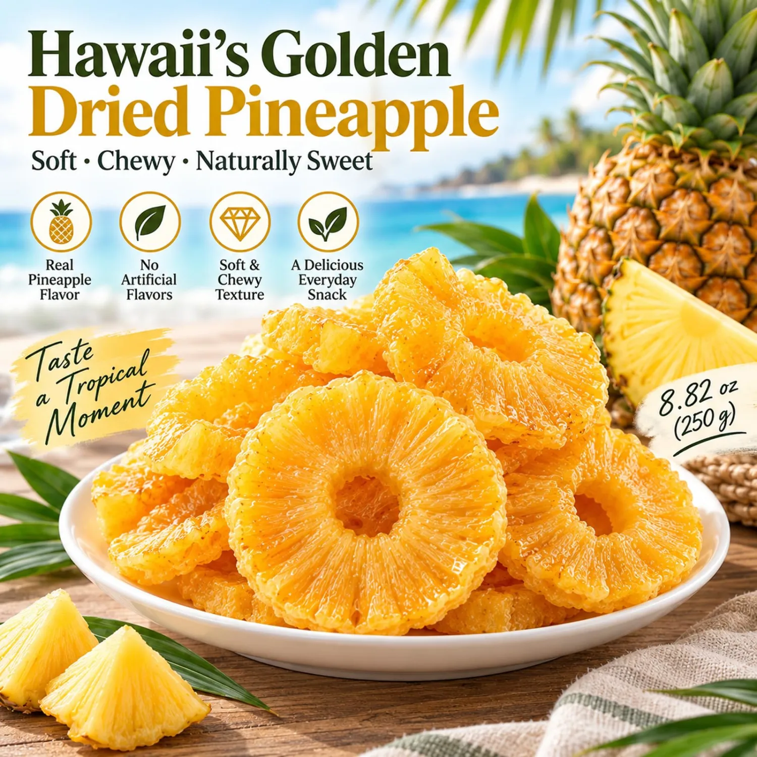 Hawaii’s Golden Dried Pineapple, 8.82 oz (250 g), Soft Chewy Snack