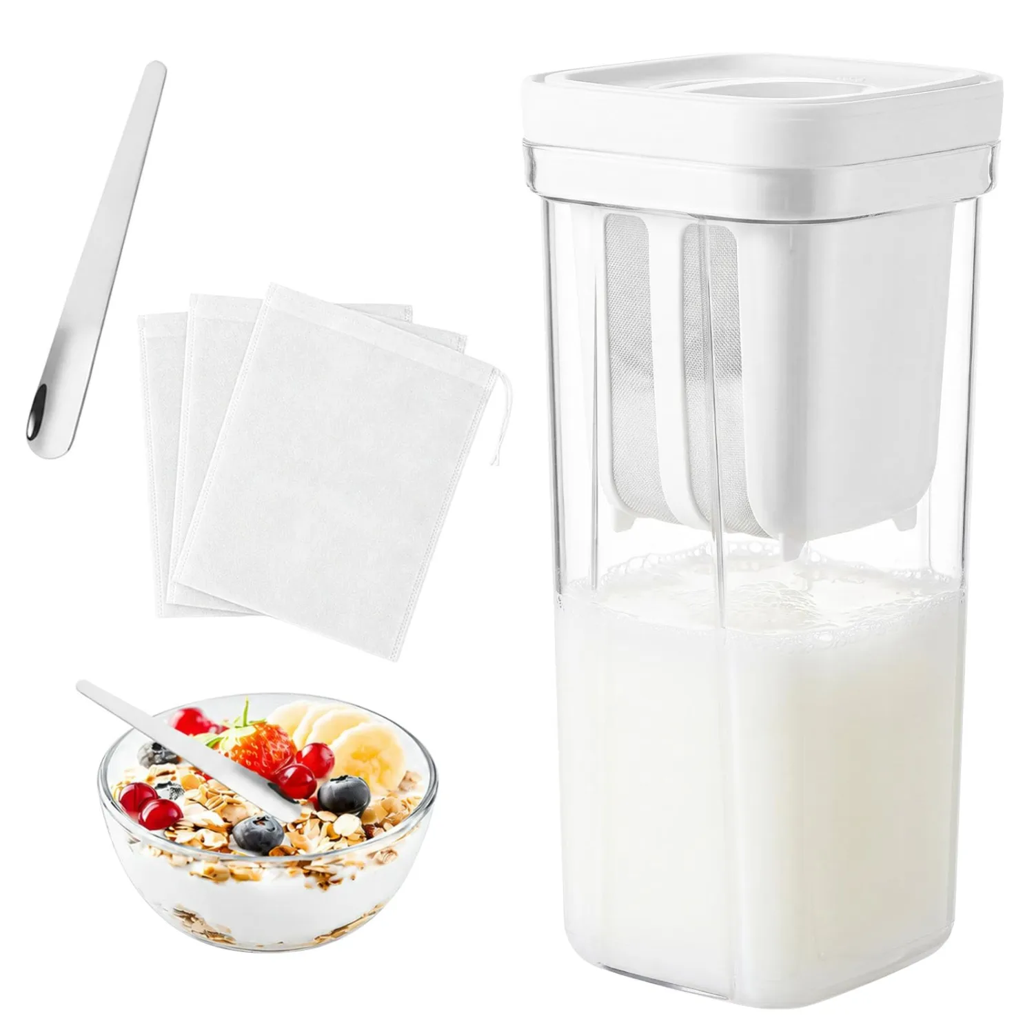 Greek Yogurt Strainer, 1.9 Quarts Whey Separator with Bag & Spoon