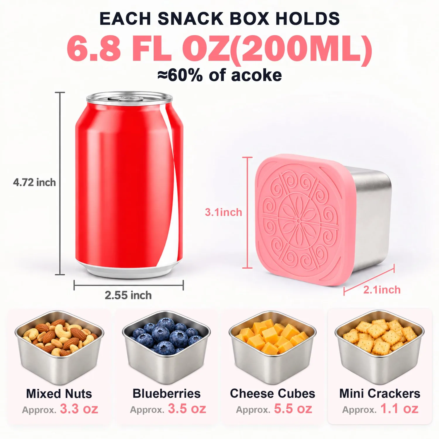 Qukaka Stainless Steel Snack Containers for Kids, 6.8oz, 3 Pack