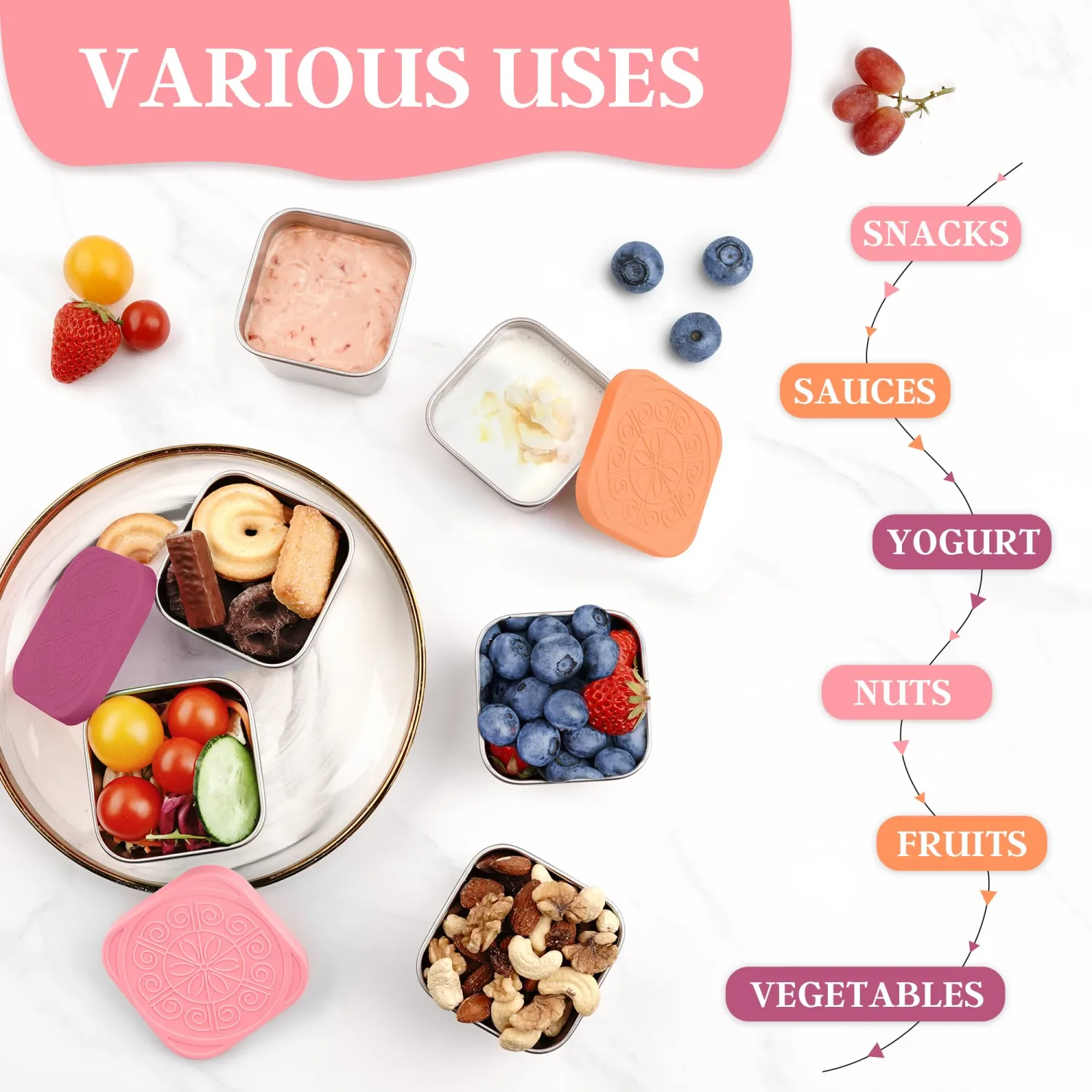 Qukaka Stainless Steel Snack Containers for Kids, 6.8oz, 3 Pack