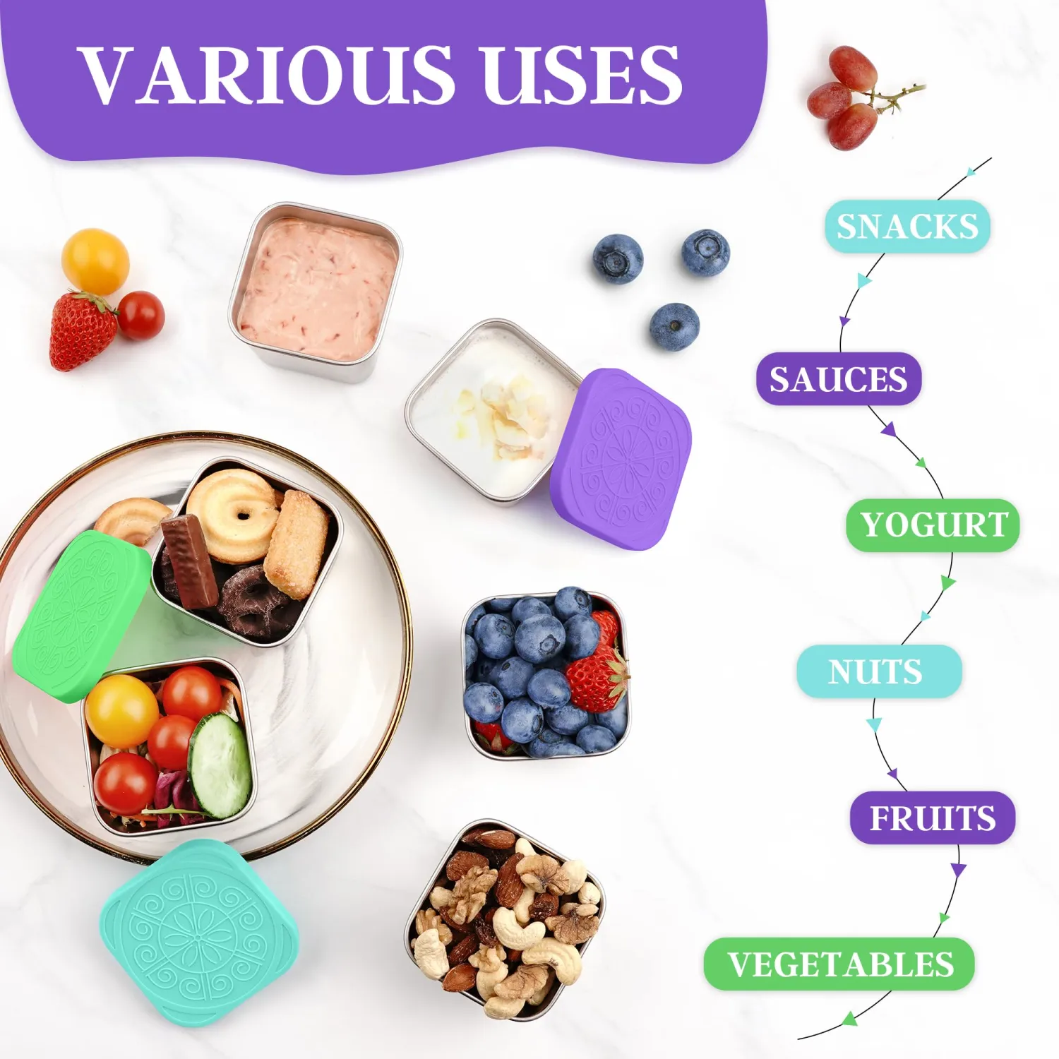 Qukaka Stainless Steel Snack Containers for Kids, 6.8oz, 3 Pack