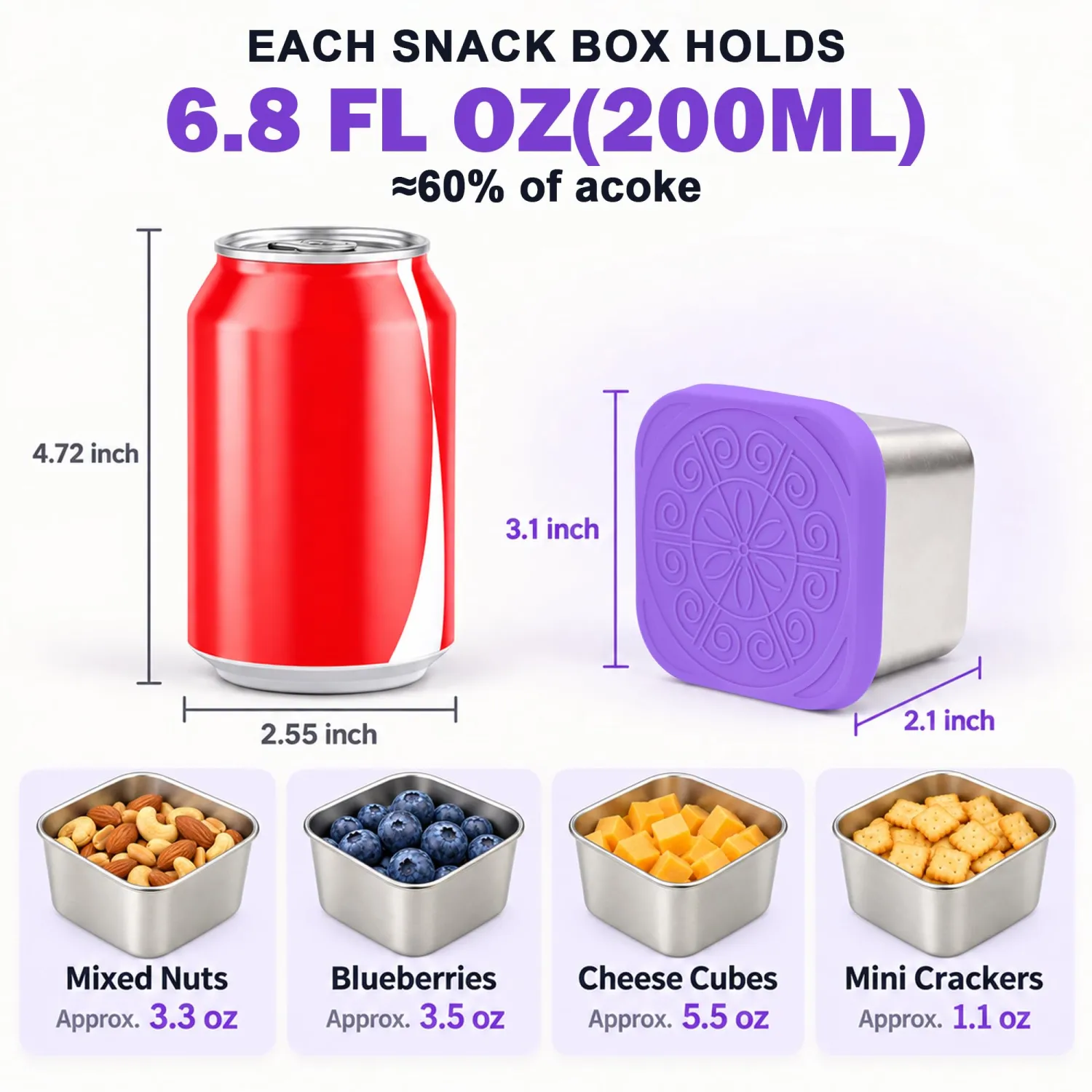 Qukaka Stainless Steel Snack Containers for Kids, 6.8oz, 3 Pack