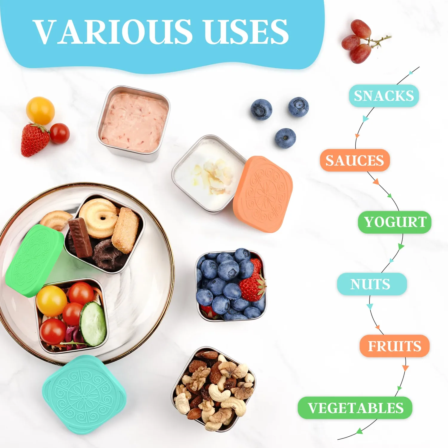 Qukaka Stainless Steel Snack Containers for Kids, 6.8oz, 3 Pack