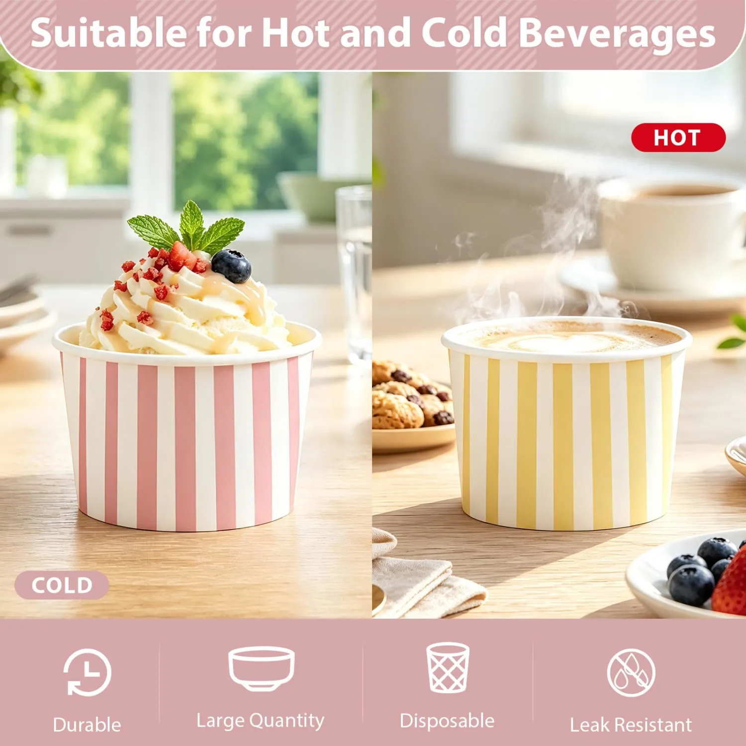 60Pcs Pastel Striped 12oz Ice Cream Paper Cups for Hot or Cold