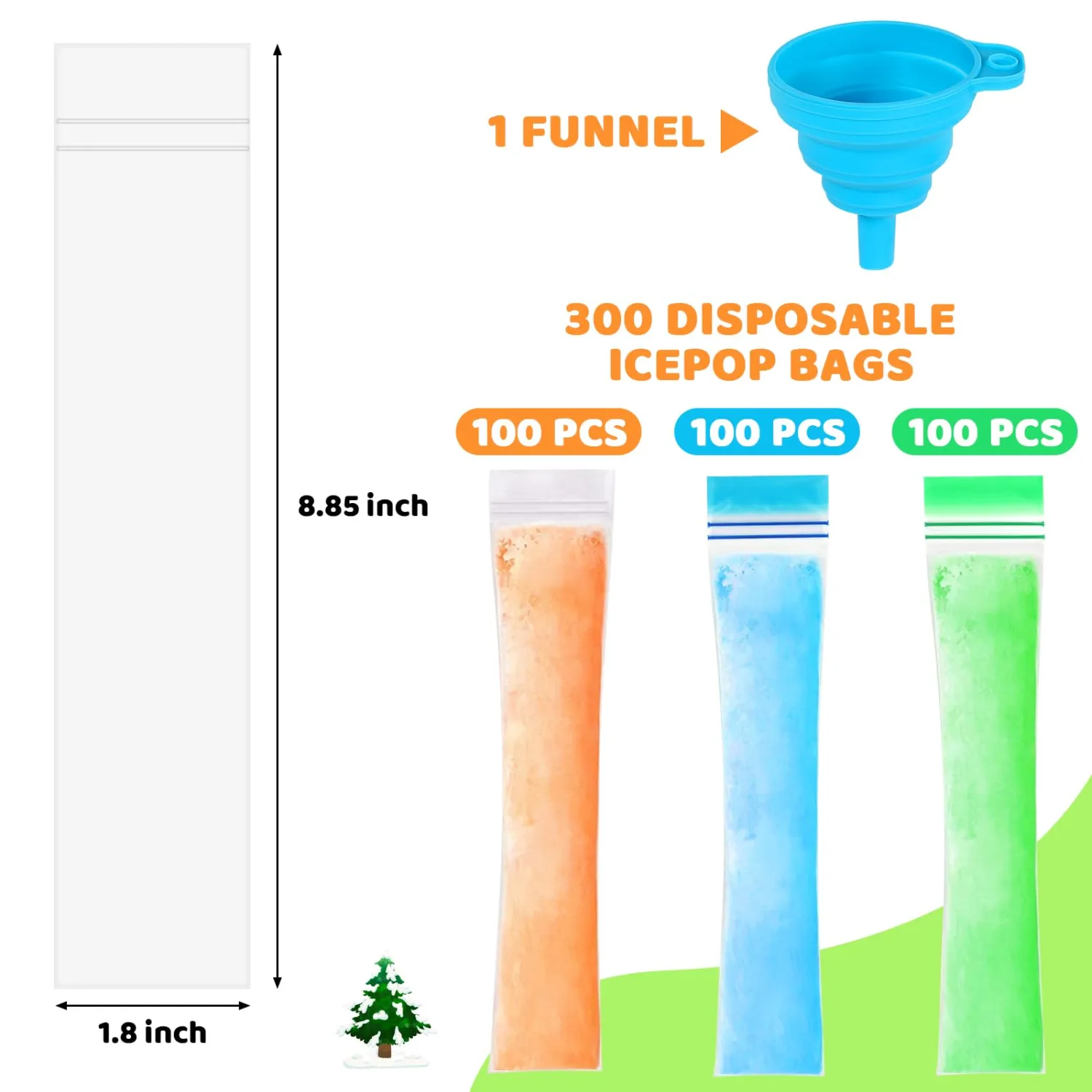 300 Disposable Ice Popsicle Mold Bags Comes With A Funnel, 3 Colors