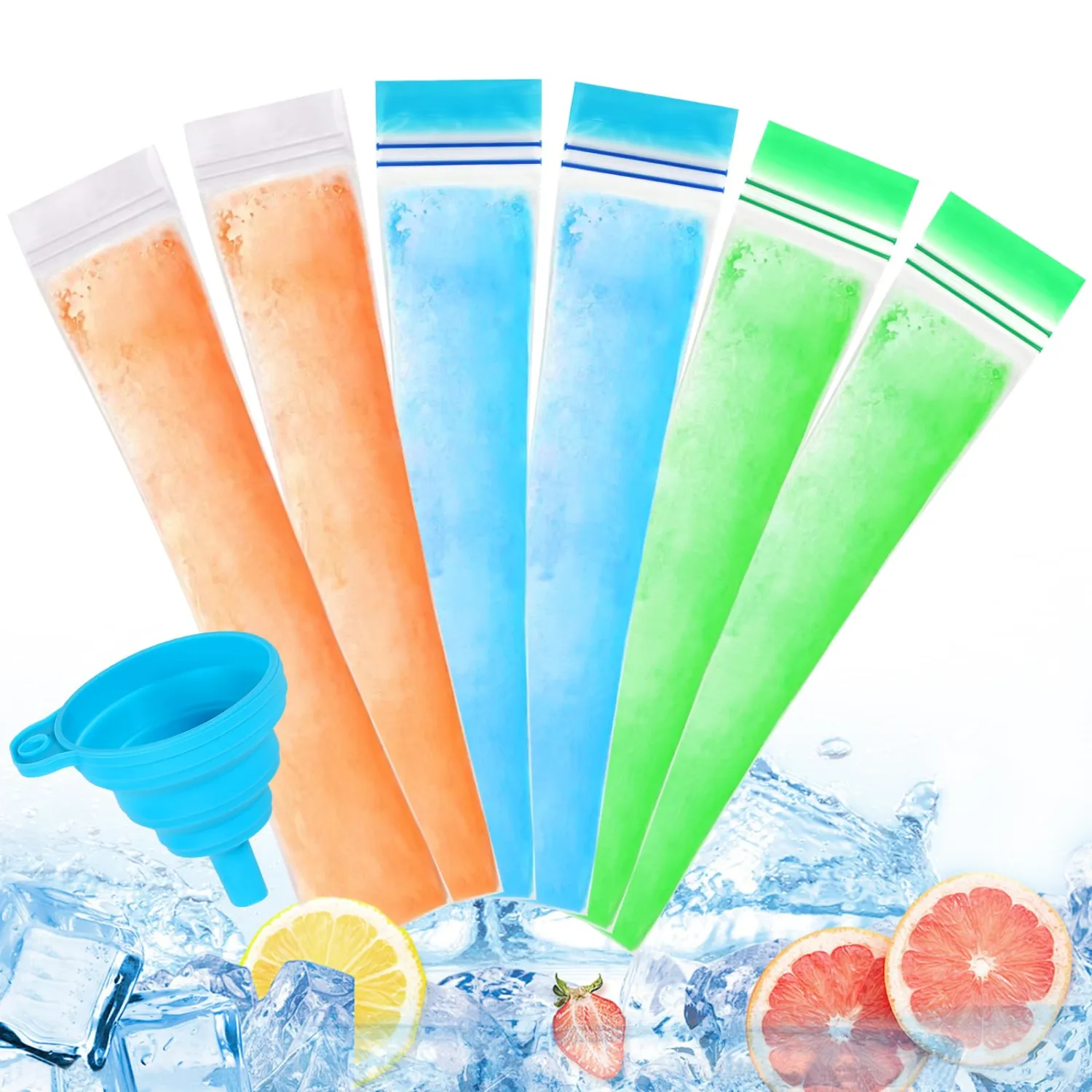 300 Disposable Ice Popsicle Mold Bags Comes With A Funnel, 3 Colors