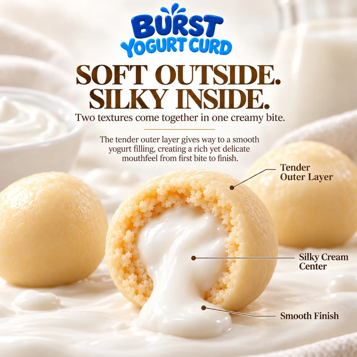 Burst Yogurt Curd, Creamy Yogurt-Filled Milk Bites, Soft & Slightly Chewy & Creamy Dairy Snack Made with Milk, Ready-to-Eat Family Snack for Home, Work & Travel, 8.8 oz / 250 g (1)