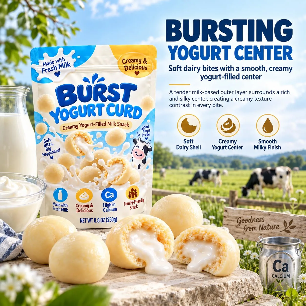 Burst Yogurt Curd, Creamy Yogurt-Filled Milk Bites, Soft & Slightly Chewy & Creamy Dairy Snack Made with Milk, Ready-to-Eat Family Snack for Home, Work & Travel, 8.8 oz / 250 g (1)
