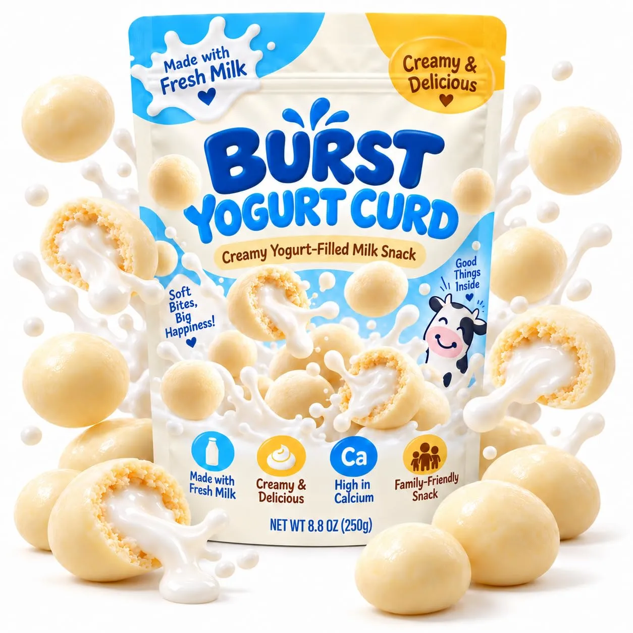 Burst Yogurt Curd, Creamy Yogurt-Filled Milk Bites, Soft & Slightly Chewy & Creamy Dairy Snack Made with Milk, Ready-to-Eat Family Snack for Home, Work & Travel, 8.8 oz / 250 g (1)